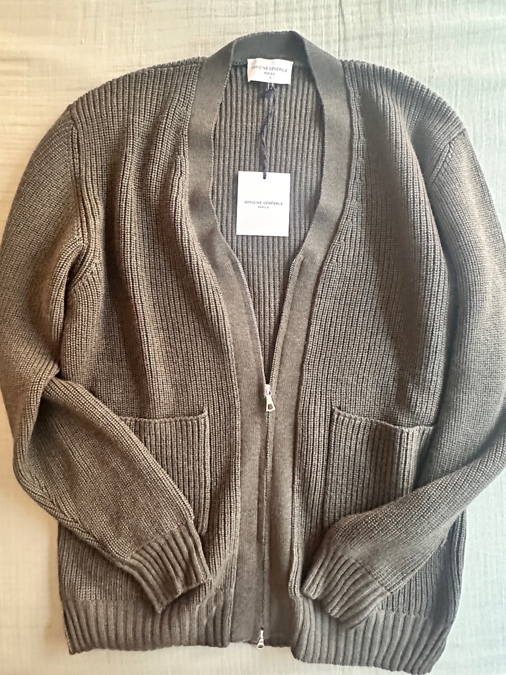 Officine Générale Olive Ribbed Open-Collar Knit Cardigan